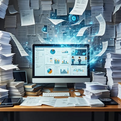 A cluttered chaotic desk overflowing with stacks of paper invoices old CDs MP3 players and tangled cables symbolizing disorganized document storage In the background a transformation is taking place the scene shifts into a clean modern digital worksp