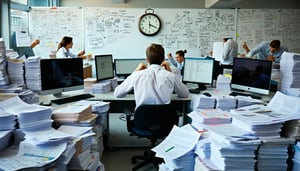 The image depicts a chaotic office environment filled with stacks of disorganized papers and folders scattered across desks A frustrated employee sits at a cluttered workstation surrounded by multiple computer screens displaying error messages and di-2