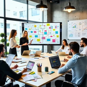 The image showcases a modern office environment bustling with activity In the foreground a diverse group of professionals are engaged in discussions around a large conference table laptops open and documents spread out A large screen displays a color-1