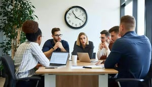 a clock in the background of a offices wall Employees discussing around a table with sense of urgency-2